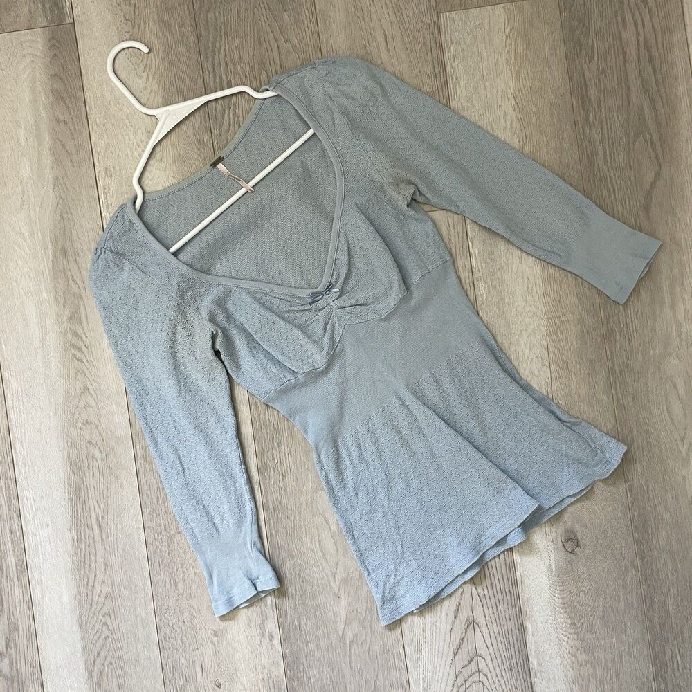 Free People Top cotton v neck scrunch babydoll womens Blue medium coquette girly